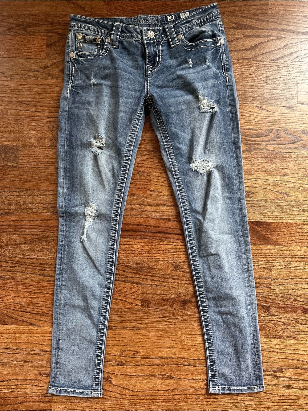 Miss Me Signature Ankle Skinny Jeans Embellished Destroyed Light Wash Size 28x30